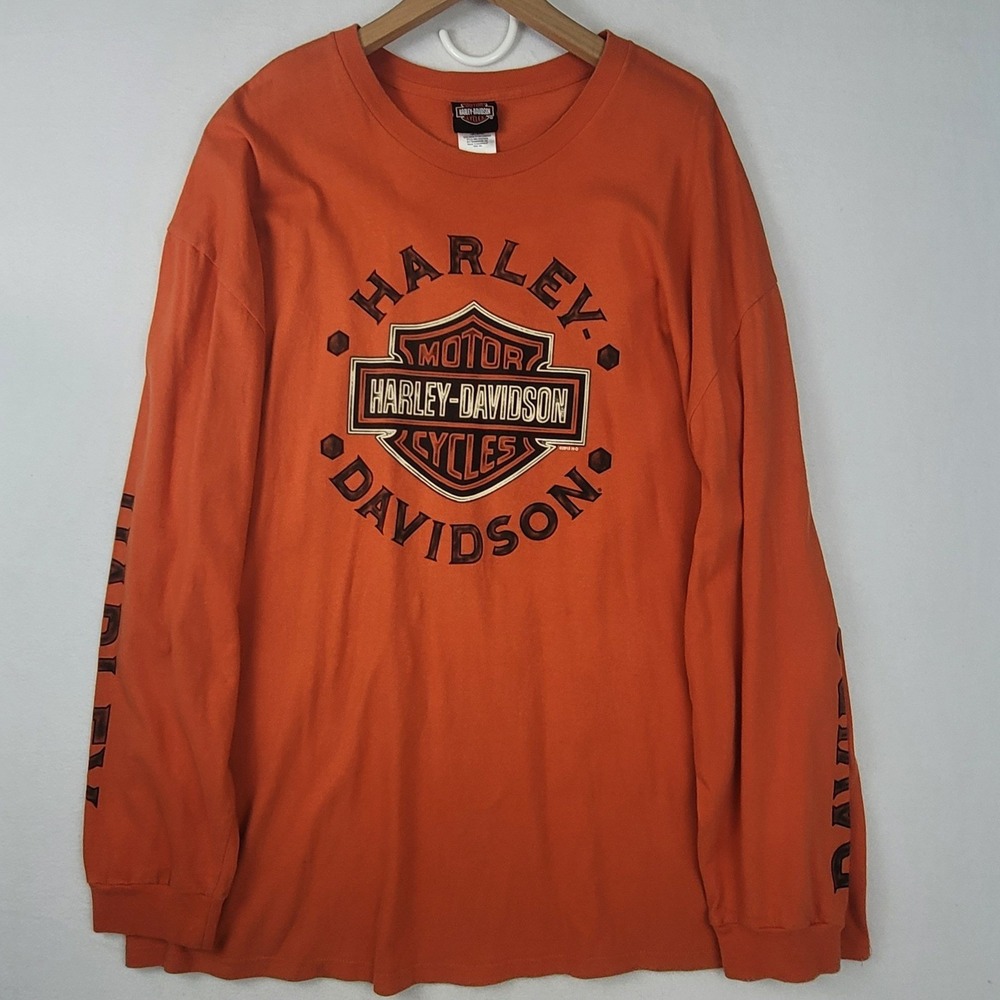 Harley Davidson Mens Long Sleeve Graphic T-Shirt Orange 3XL Bar Shield 2015